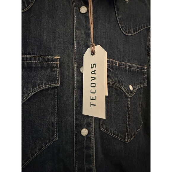 TECOVAS Womens Denim Shirt Small Button Up Long Sleeve Dark Wash Pearl Snap - Picture 4 of 6